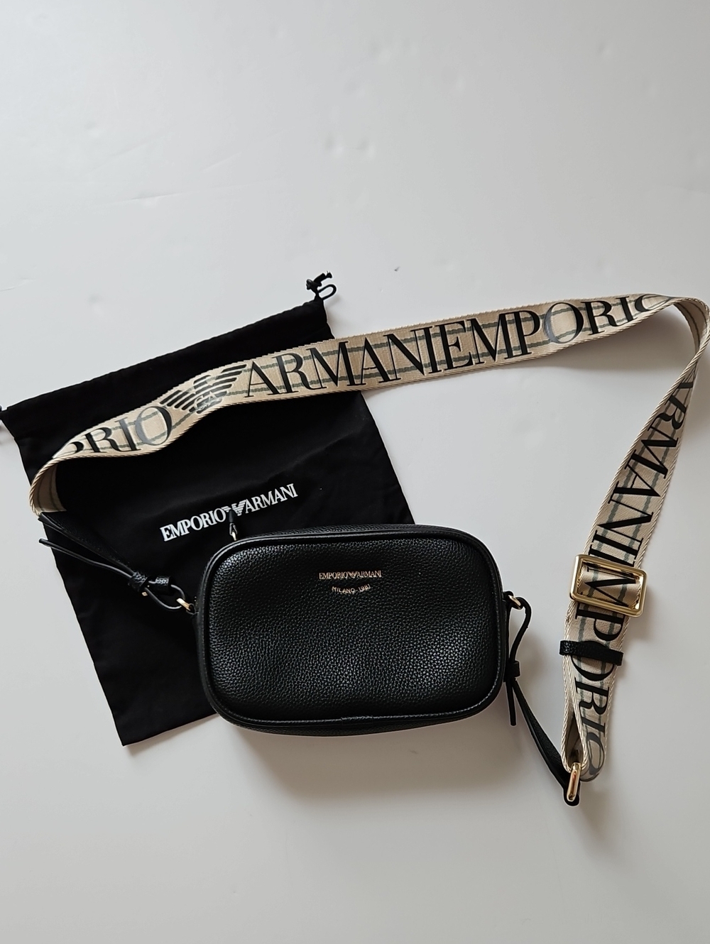 Emporio Armani Deer Print Camera Crossbody Bag Black Logo Strap Dust Bag Zip Top